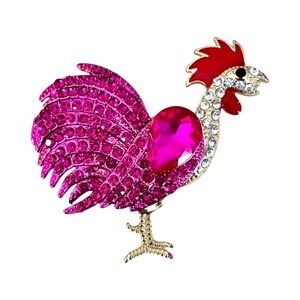 Pink Rooster Brooch with Crystals